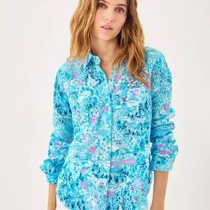 Lilly Pulitzer Blue and Pink Button Down Shirt.  Small.  NWT